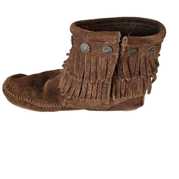 Minnetonka Womens Double Fringe Side Zip Boot Moccasin Brown SZ 6 Boho Hippie - Picture 4 of 8